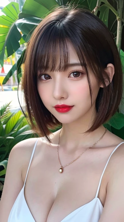 (Highest quality、On the table、8K、Best image quality、Award-winning works)、( girl, 14 ye、(White camisole:1.2)、(Red eyeshadow:1.2)、Perfect Makeup、Long eyelashes、Ultra HD Shining Eyes、Ultra HD Hair、Ultra-high resolution glossy lips、Ultra High Resolution Perfect Teeth、Ultra HD cute face、Brown Hair、(Very short straight hair:1.1)、Look at me and smile、[clavicle]、Accurate anatomy、Tropical Beach、(The most atmospheric warm light:1.2)、Blurred Background、Has bangs、Ultra-high-definition, shiny, moisturized face、Ultra-high resolution glowing skin、The most delicate face、Super high resolution detailed faces、ultra high resolution hair、Ultra high resolution glowing eyes、Beautiful face with delicate expression、Ultra high resolution glossy red lips、Big Breasts、Cleavage、Fashion Necklace、