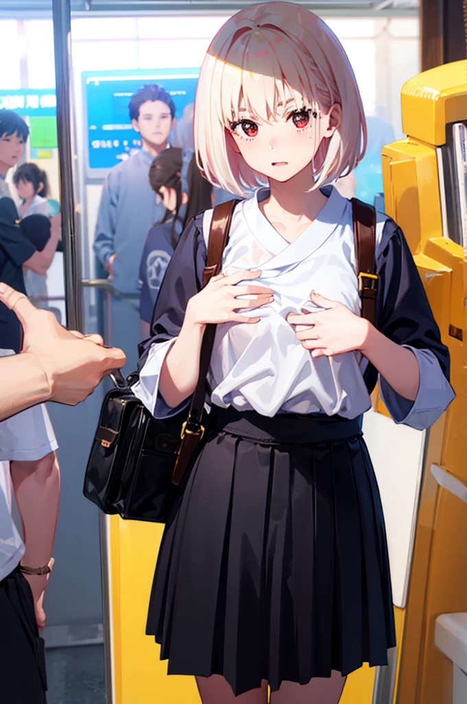 1 boy, pov hands, grab breasts、Embarrassed expression、、1 boy, pov hands, grab breasts、Small breasts、Hide with your hands、hand good、、Hide、Black Skirt、Blushing、、Embarrassed expression、Japanese、Black Skirt、Not wearing a bra、Light cream colored hair 、short hair、Red eyes、Blushing、lipstick、Perfect hands、Detailed hands、on the train、、hand good、toilet