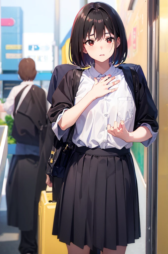 1 boy, pov hands, grab breasts、Embarrassed expression、、1 boy, pov hands, grab breasts、Small breasts、Hide with your hands、hand good、、Hide、Black Skirt、Blushing、、Embarrassed expression、Japanese、Black Skirt、Not wearing a bra、Light cream colored hair 、short hair、Red eyes、Blushing、lipstick、Perfect hands、Detailed hands、on the train、、hand good、toilet