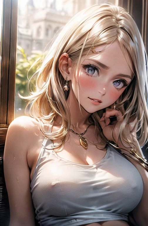 ((((work of art, best qualityer, high resolution)))), extremely detailed 8K, Beautiful girl with slender body, (ultra HD, ultra detali, highy detailed, highly realistic, Ultra-realistic, photography realistic), (1 girl:1.5), (Realistic blonde hair with dark roots), short and wavy hair, Bob Cut, (dynamic poses), facing the camera, drlight smile, (breasts big: 1.2), (beautifull detailed face, beautiful detailed eyes), (white top, fine material), see through the top, neckleace, dark denim shorts, sheen, sweat, (ray of sunlight, lighting sun), detailed makeup