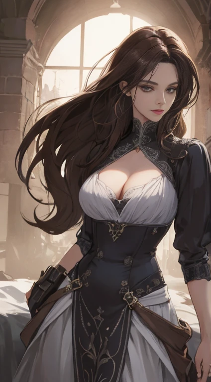 （（retinas））， tmasterpiece， anatomically correcte， textureskin， super detailing， high detal， high qulity， best qualtiy， A high resolution， 4K， （Detailed lighting， detailedshadows）， 1womanl， dark brown  hair， （（Detailed eyes））， closeup ， sportrait， （with brown eye）， Very detailed clothes， （（Modern clothes））， beautiful hairl， Detailed body， Hair down， very highly detailed background， beatiful background， （long whitr hair）， Half body，），