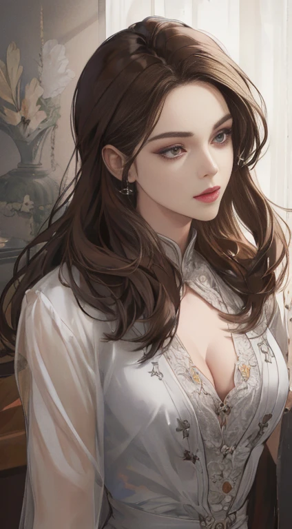 ((retinas)), tmasterpiece, anatomically correcte, textureskin, super detailing, high detal, high qulity, best qualtiy, A high resolution, 4K, (Detailed lighting, detailedshadows), 1womanl, dark brown hair, ((Detailed eyes)), closeup cleavage, sportrait, (with brown eye), Very detailed clothes, ((Modern clothes)), beautiful hairl, Detailed body, Hair down, very highly detailed background, beatiful background, (long whitr hair), Half body,),