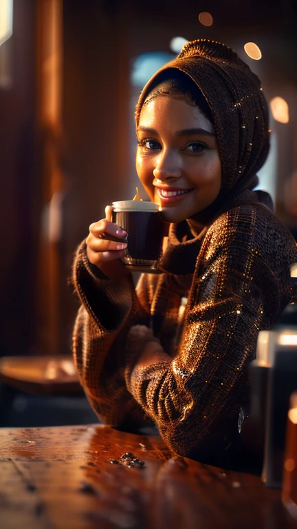 (ultrahd), (realistic), (real skin texture), (soft light), (cinematic light), a hijab woman wear an oversized brown sweater, lean on her desk, seductive smile, pose, hold a cup of coffee,
