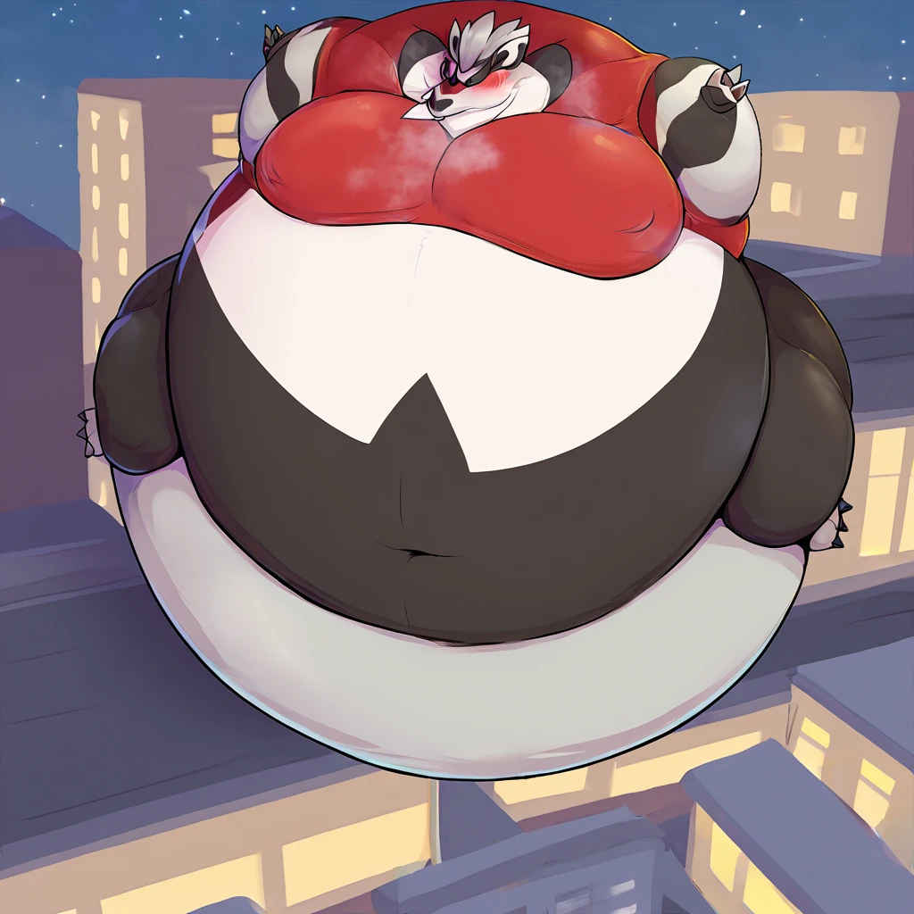 score_9_up, solo, male obstagoon, anthro, male, pokemon, pokemon \(species\), generation 1 pokemon, blushing, floating in the sky above the city, puffed arms, puffed legs, hyper inflation