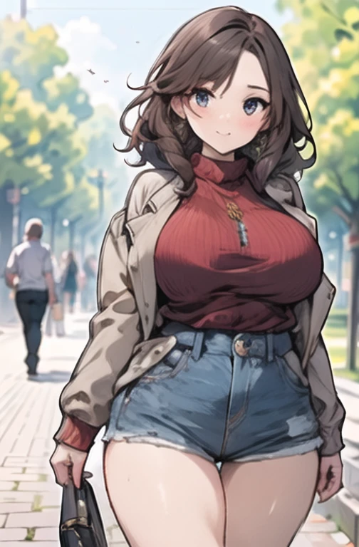 (work of art, best qualityer, hires, high resolution:1.4), (comely, Aesthetics, perfect, dainty, intricate:1.2), (Depth of field:1.4), (mature woman), (a sexy woman walking in a park), (Breasts huge), (one-piece fitted knit sweater), (long knit sweater), open brown jacket, (no pants, sem shorts), (thick-framed glasses), (Thu), (cowboy shot),