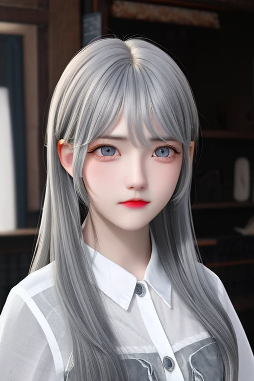 young girl with long light grey hair, grey eyes and has an apathetic expression