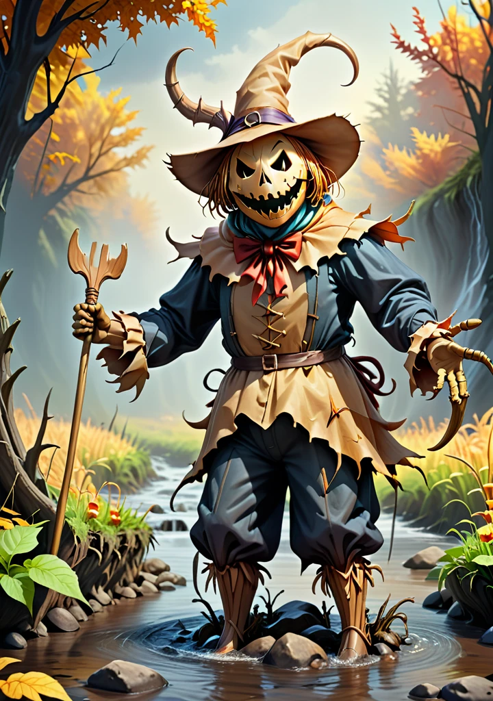 Hornyfier, a laughing scarecrow standing at the mouth of a demonic stream, (Artwork:1.3) (best quality:1.2) (high quality:1.1)