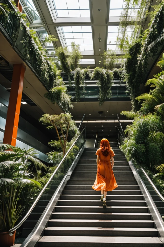 In an airport type environment (Waiting room), a girl with orange hair was running towards the escalators made of branches and plants, the steps were made from tree roots. On these stairs there was a woman in a dress coming down., Her hair floated as if it were in water and her eyes were crimson red..