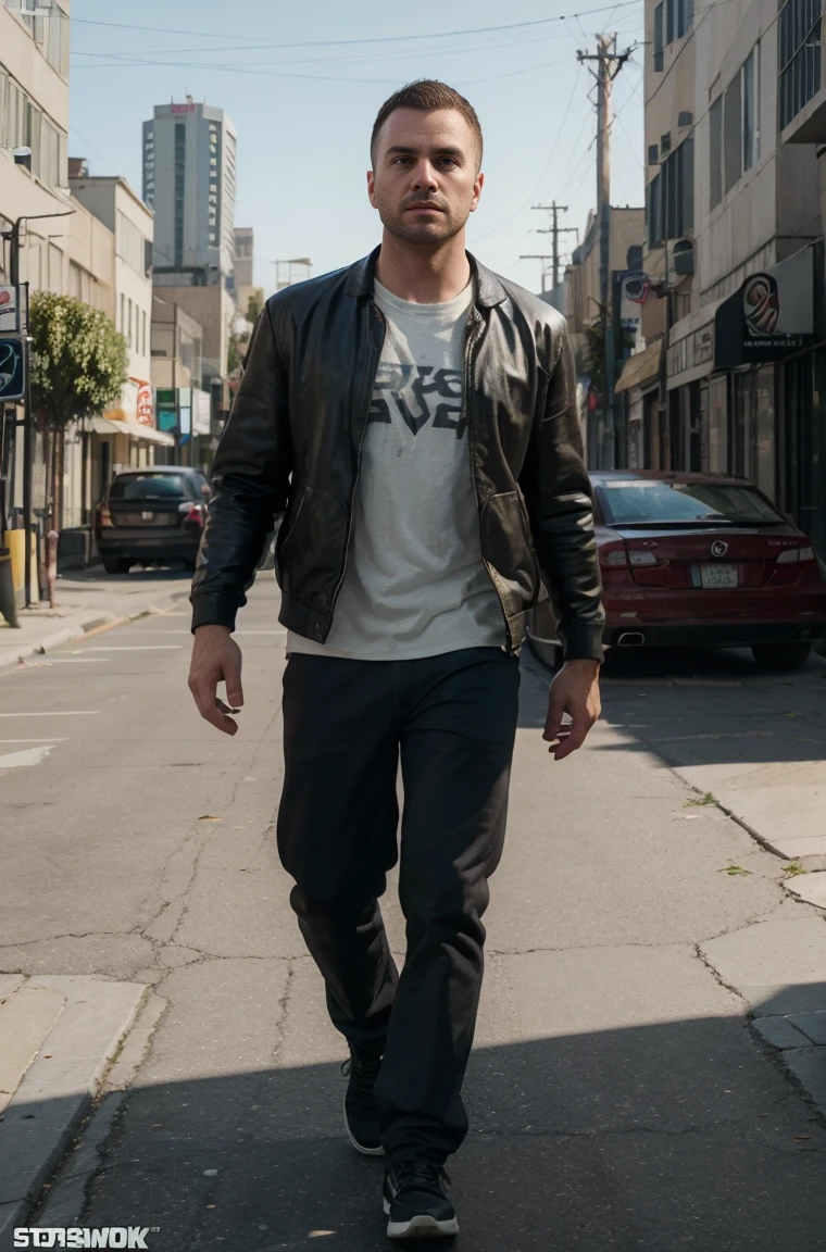 (best quality,4k,8k,highres,masterpiece:1.2),ultra-detailed,(realistic,photorealistic,photo-realistic:1.37), a close up of a man walking down a street with a skateboard, as a character from gtav, gta character, as the protagonist of gta 5, drake in gta v, gta v character, style of gta v, gta 5 skin tone, highly detailed upper body, full body shot hyperdetailed, jesse pinkman in gta v, robust stocky body, male character