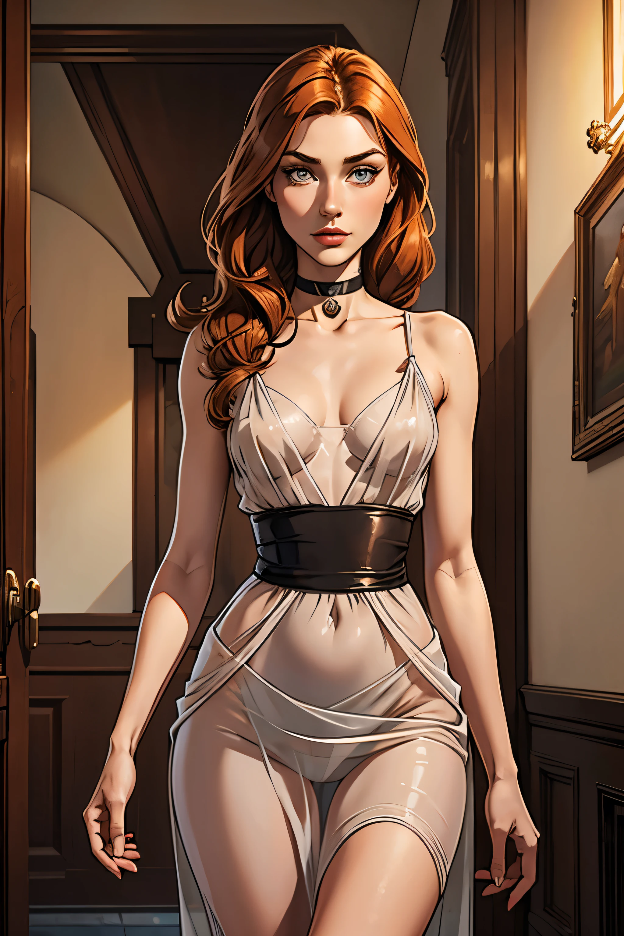 best qualityer, work of art, (realisitic: 1.2), 1 girl, slender girl, ginger hair, eyes browns, 3/4 view, face detailed, gorgeous eyes, eyes gray, breasts small, choker, see through gown, small head, small waist, wide hips, thigh gap