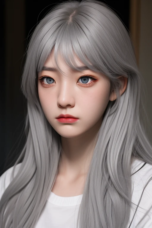 young girl with long light grey hair, grey eyes and has an apathetic expression
