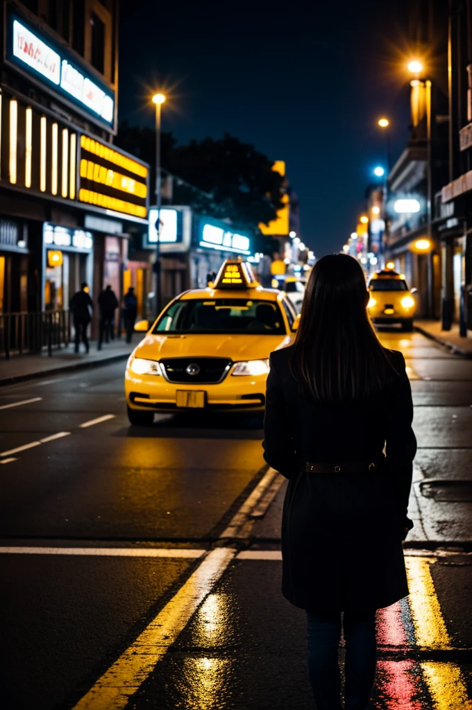 A road at night with a woman in the middle of the street and a taxi next to the woman