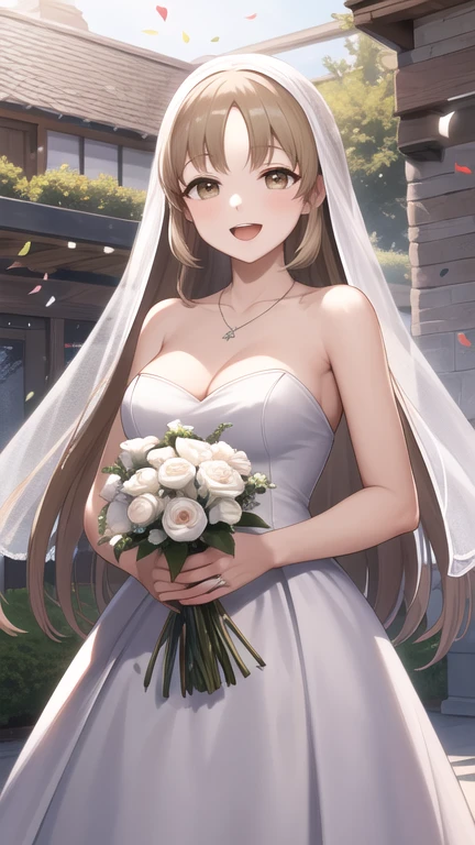 masterpiece, best quality, highres, aasister, long hair, wedding dress, white dress, necklace, strapless, cleavage, garden, standing, cowboy shot, holding bouquet, smile, open mouth, confetti,