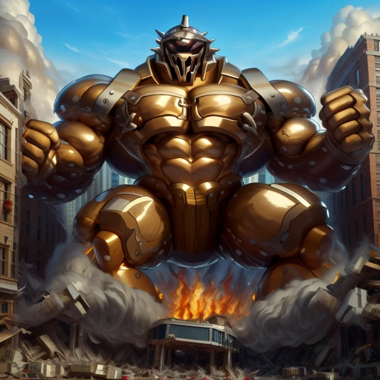 SOLO (masterpiece. official art. 8k. best quality. detailed full body. full body.)
(situation 1 : dominating Armored Flazzard. Armored Flazzard is over 1000 meters long. focus GIANT mechanical Muscular Armored Flazzard is trampling the city. Looking down. macro. stomp. Low-angle perspective. emphasizing the immense size.)
(situation 2 :smoke and flames rising from the destruction in the city)
(Additional details 1: real texture material. whole body shines like metal. emphasizes the muscles. suit fully made of metal.).
(Additional details 2: Detailed head. Detailed Body. Detailed abs. gigantic muscles. HYPER MUSCLES. Gigachad Muscular. big muscle. pecs. triceps. traps. unusually developed muscular body. body full of huge muscles. showing off muscles. pectorales enormes. Exaggeratedly huge muscles. huge muscles. long legs.).
On his back he wears a golden cloak.