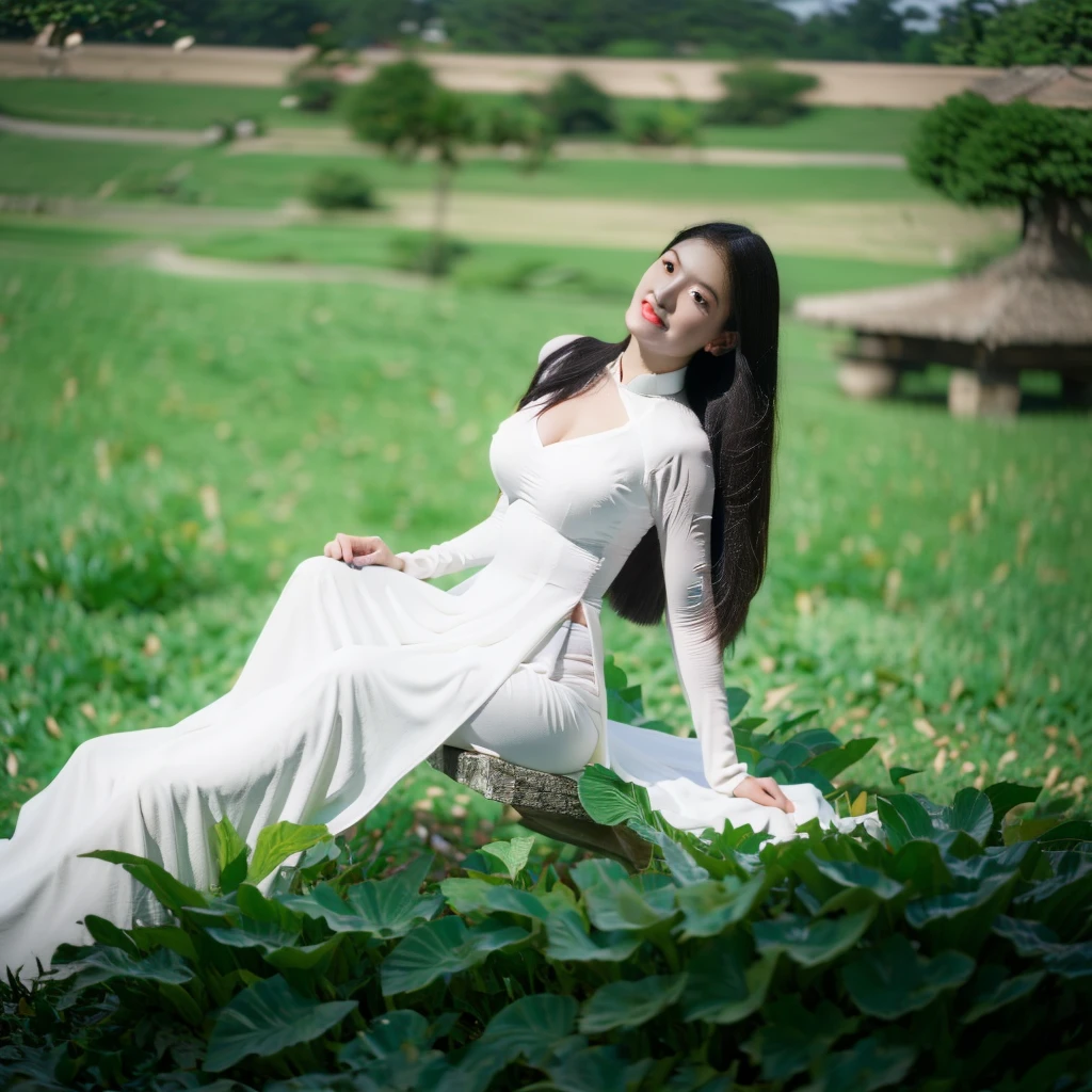 big breasts, round breasts, wearing bra inside ao dai, slim figure, beautiful figure, big breasts, ponytail, sharp 8k quality photo, ((beautiful, sharp, balanced face details) for )), ((beautiful breasts, exposed cleavage, plump body), ((beautiful sparkling eyes, sharp eye details, beautiful face)), sitting in the middle of rice fields, ((super beautiful body with high details , tight body, wide chest, slim waist)), ((thin cleavage, round breasts))