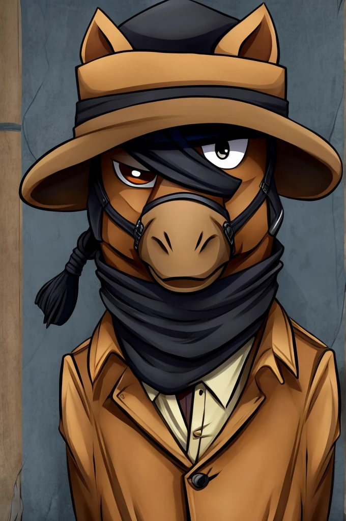 a horse，Cartoon version of pony，Imitate the bandits in CS，Wearing a gangster hat，Only two eyes are exposed，Cover your face