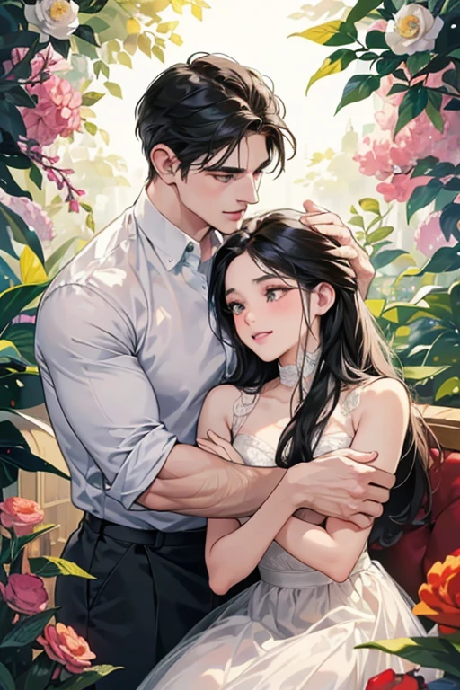 (table top, digital art, digital illustration, 4k, 8k, super detailed, beautiful images, clear image, realistic, RAW photo, perfect face, perfect lines, perfect eyes, soft lighting), 1 female, (long black hair, straight hair, bullish look, beautiful woman, grace, Make up well, 23 is a novel:1.3), Two handsome men in suits, (human, muscular, solid shoulder width, mens, boyish hairstyle, british gentleman's style, A man in his 30s with a cool expression, 28 year old man with a bright smile:1.2), Show your white teeth and smile (embarrassing, shy smile:1.1), garden full of light, squirt, resort sofa, colorful flowers, innocent smile, smile, couple kissing, kiss, the kiss, romance, dinner, drink alcohol, drunk, blushing, embarrassed