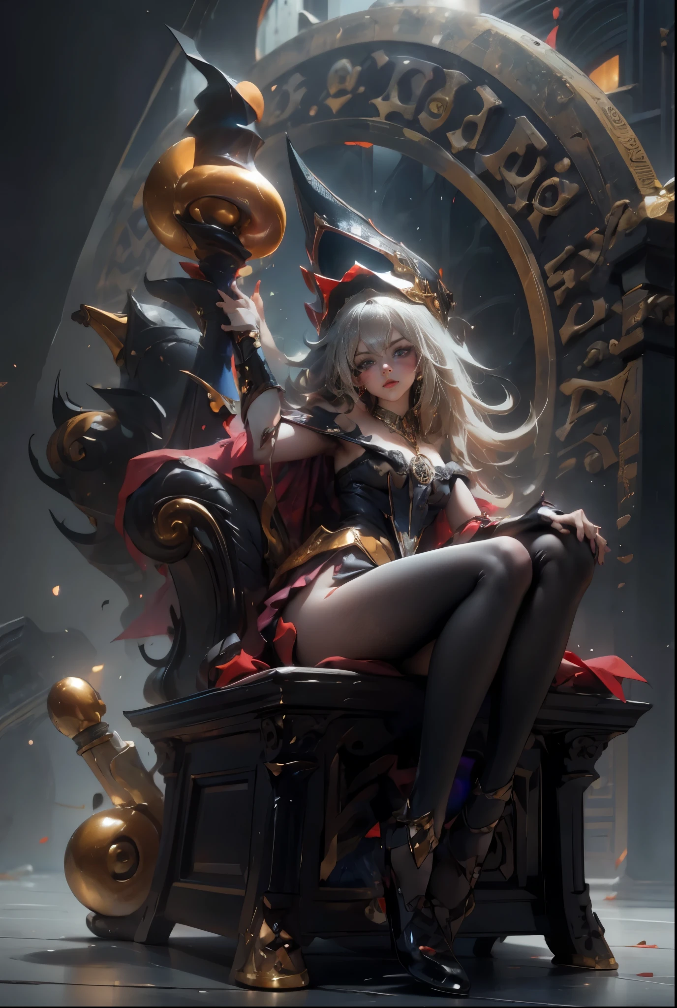 Dark magician gils with black gala dress. Wear dark tights. She wears red heels, has earrings. Wear necklaces.  Long blonde hair. blue eyes. Red lips. Sensual and subjective pose. She is sitting on a golden throne. Castle Background. She has black heels and transparent stockings 