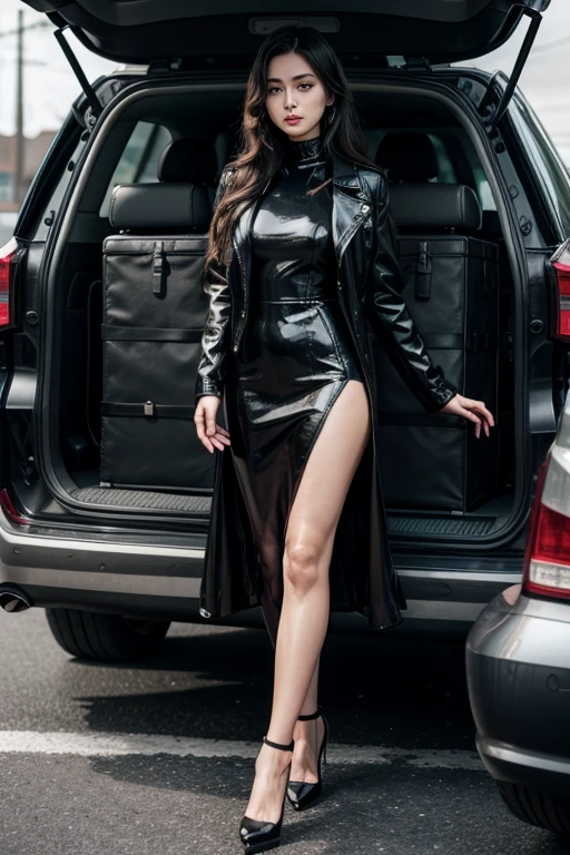 ((Biologically correct limb count))、((Full Body Shot, Full-body photo including face、Head to toe photos))、4K、masterpiece、((Focus on the face))、((Symmetrical facial features))、Eyes of meticulous depiction、beautiful woman、Excellent style、((Black latex tights、Latex long skirt、Leather jacket、High heels with anklets))、Detailed Description、((Get in the car、Ride))、Looking up、Close-up photo of the whole body