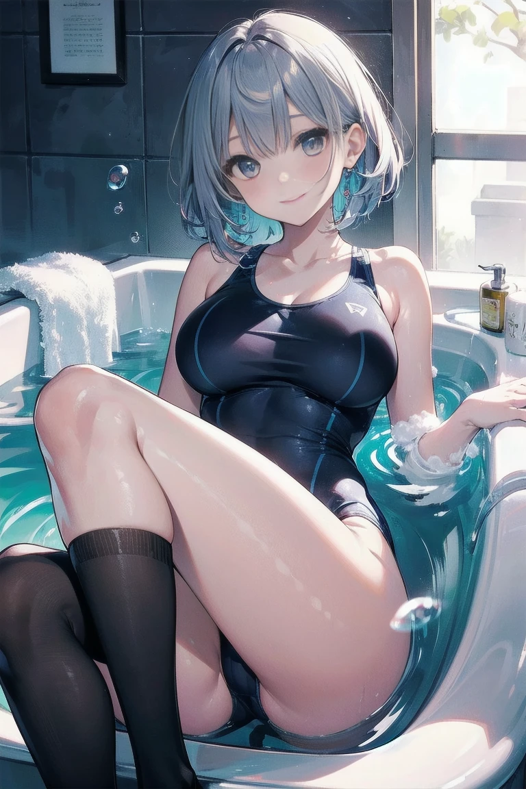 high quality、最high quality、Complete limbs、Ultra-high resolution、Bright light、Slender beauty、smile、Wearing a shiny school swimsuit、Glowing Skin、Black knee-highs、Large Breasts、Bubble bath