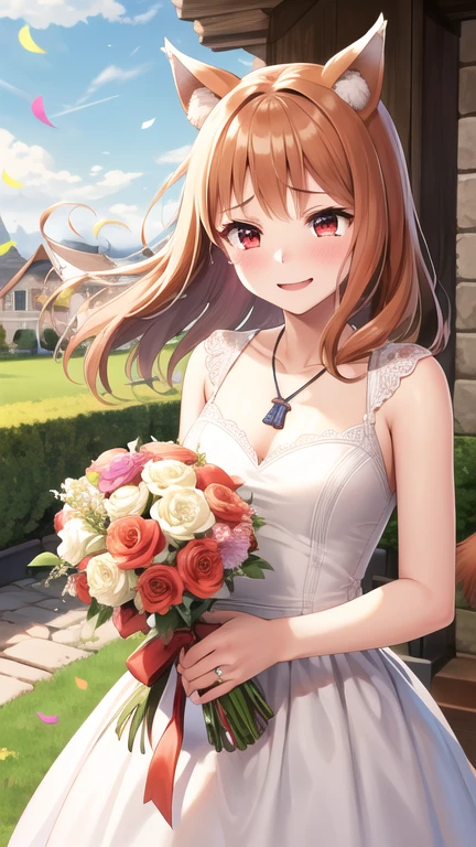 masterpiece, best quality, highres, 1girl, long hair, brown hair, animal ears, red eyes, wolf tail, necklace, wedding dress, white dress,  garden, standing, holding bouquet, smile, tears, confetti,