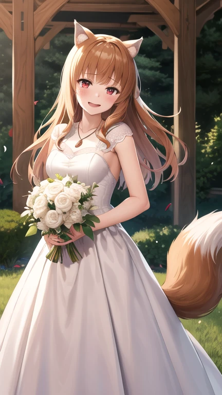 masterpiece, best quality, highres, 1girl, long hair, brown hair, animal ears, red eyes, wolf tail, necklace, wedding dress, white dress,  garden, standing, holding bouquet, smile, tears, confetti,