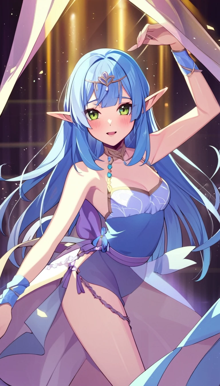 one girl, elf, pure. naive, cute, blue hair, dancer