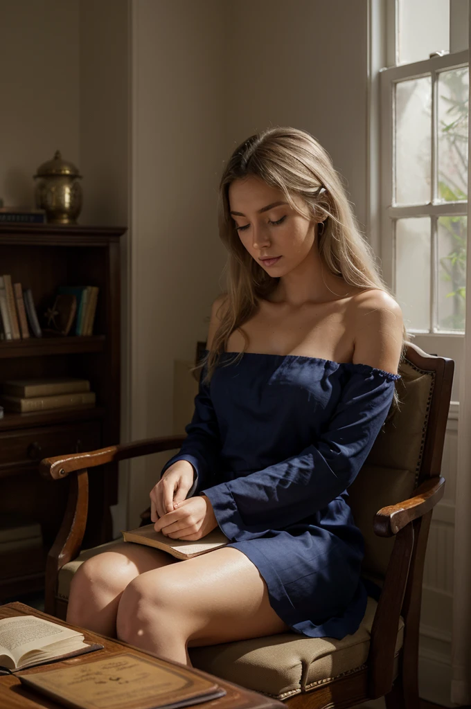 In an intimate and cozy room, soft candlelight creates a serene and welcoming atmosphere. A young woman of about 20 is sitting in a comfortable armchair, wearing an elegant navy blue silk dress that highlights her clear eyes and smooth skin. Her blond hair is elegantly styled, falling in gentle waves over the shoulders. She holds an old leather-bound book, your delicate hands carefully turning the pages as you delve into the story.

The room is filled with the gentle fragrance of incense, adding a layer of tranquility to the air. Ao fundo, a half-open window reveals a moonlit garden, its soft silver rays gently filtering through the lace curtains. Young woman seems engrossed in reading, getting lost in the words that transport your imagination to distant places and fascinating stories.
