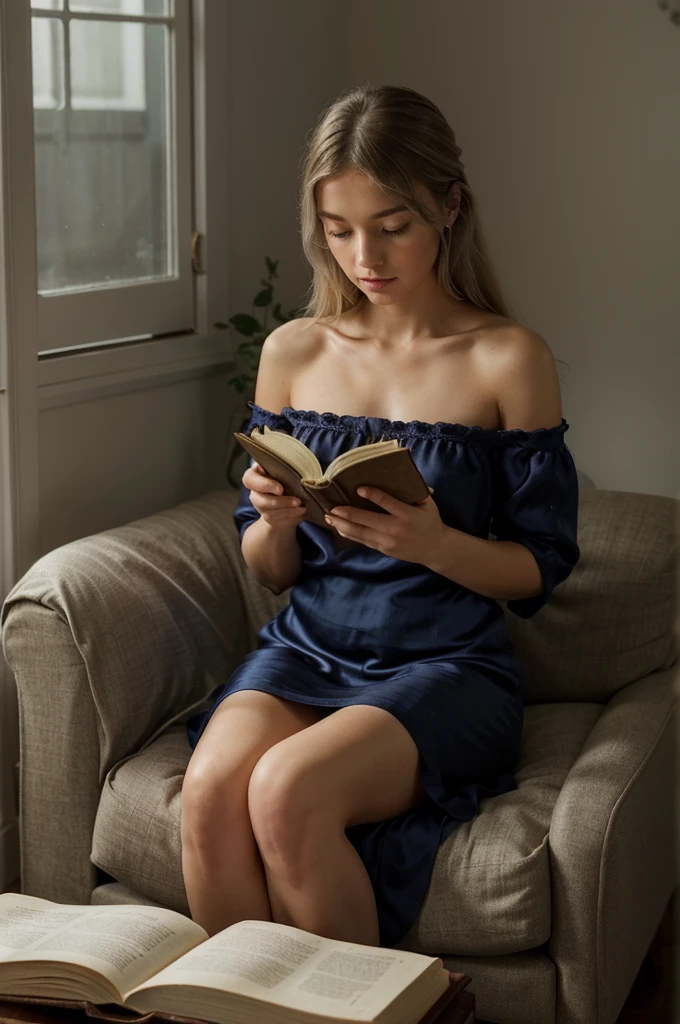 In an intimate and cozy room, soft candlelight creates a serene and welcoming atmosphere. A young woman of about 20 is sitting in a comfortable armchair, wearing an elegant navy blue silk dress that highlights her clear eyes and smooth skin. Her blond hair is elegantly styled, falling in gentle waves over the shoulders. She holds an old leather-bound book, your delicate hands carefully turning the pages as you delve into the story.
The room is filled with the gentle fragrance of incense, adding a layer of tranquility to the air. Ao fundo, a half-open window reveals a moonlit garden, its soft silver rays gently filtering through the lace curtains. Young woman seems engrossed in reading, getting lost in the words that transport your imagination to distant places and fascinating stories.