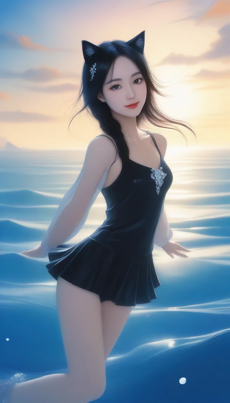 Create an illustration of a character that combines the features of Miki Ando and a cat. She has cat ears and a tail, with sharp, feline eyes. Incorporate Miki Ando's distinctive long black hair and graceful posture, dressed in a figure skating outfit. The background should be a beautiful sea with gentle waves and sunlight sparkling on the water's surface. Use vibrant colors overall to convey an elegant and captivating atmosphere.