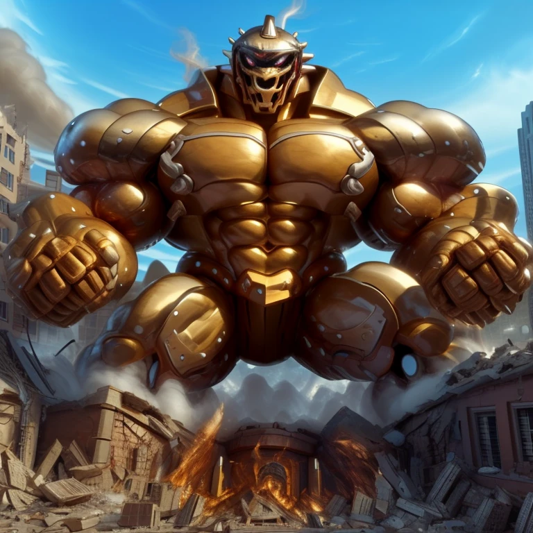 SOLO (masterpiece. official art. 8k. best quality. detailed full body. full body.)
(situation 1 : dominating Armored Flazzard. Armored Flazzard is over 1000 meters long. focus GIANT mechanical Muscular Armored Flazzard is trampling the city. Looking down. macro. stomp. Low-angle perspective. emphasizing the immense size.)
(situation 2 :smoke and flames rising from the destruction in the city)
(Additional details 1: real texture material. whole body shines like metal. emphasizes the muscles. suit fully made of metal.).
(Additional details 2: Detailed head. Detailed Body. Detailed abs. gigantic muscles. HYPER MUSCLES. Gigachad Muscular. big muscle. pecs. triceps. traps. unusually developed muscular body. body full of huge muscles. showing off muscles. pectorales enormes. Exaggeratedly huge muscles. huge muscles. long legs.).
his back he wears a golden cloak.