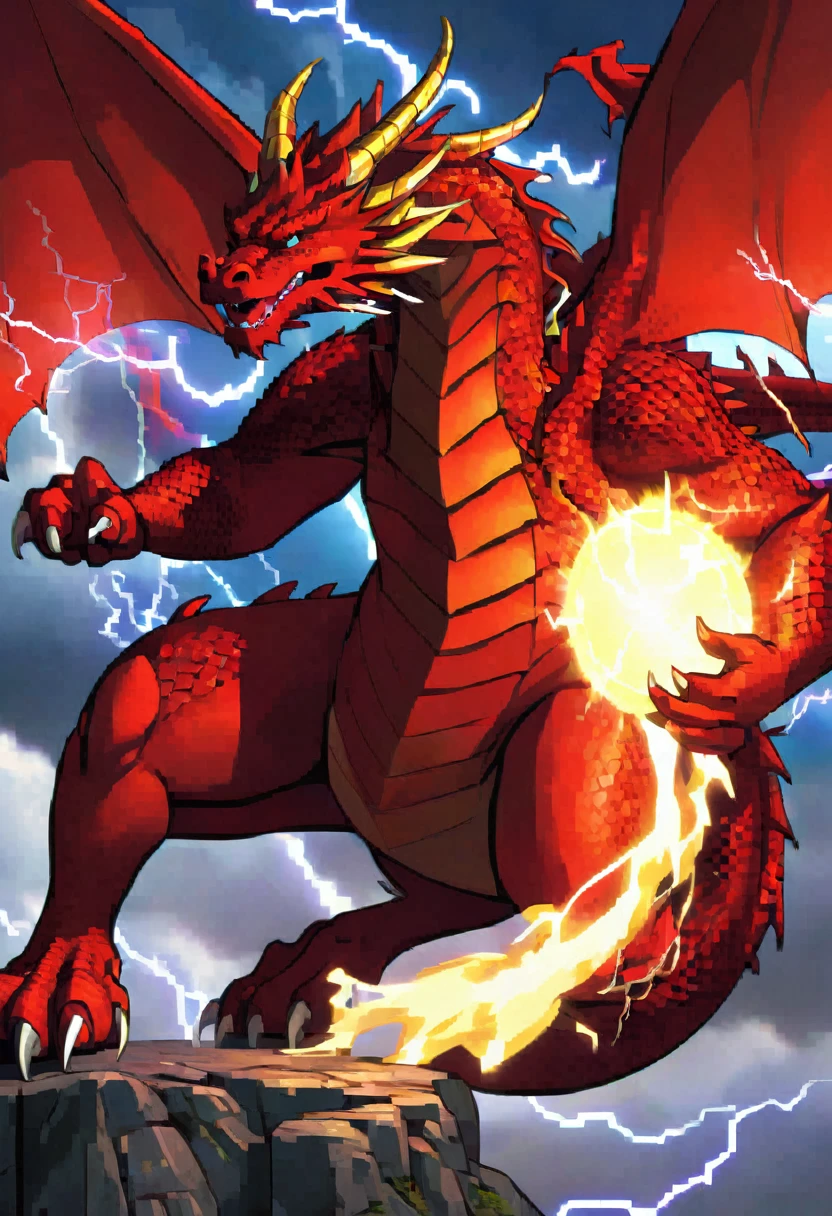 old large red dragon breathing animated lightening, on a hero who is holding a shield to protect themselves from the lightening