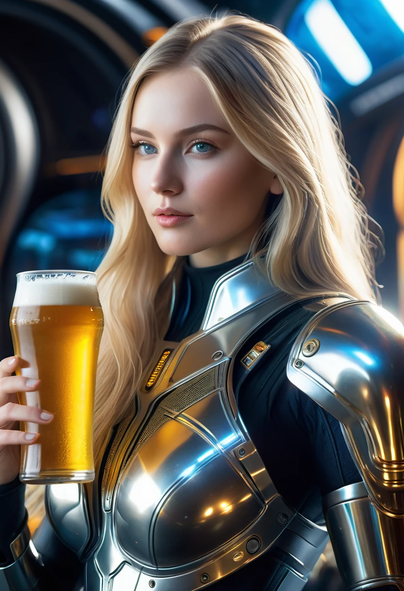 a beautiful 21 yo Oslo Norway woman with long blond hair wearing a Venusian military battle suit next to gold and chrome Venusian spacecraft drinking a futuristic beer, intricate detailing, HDR, vibrant contrast, 32k resolution, luminism lighting techniques, ultra-realistic digital render, bokeh, mass effect, close up black, beauty, pure perfection, divine presence, unforgettable, impressive, breathtaking beauty, Volumetric light, auras, rays, 8k uhd, dslr, soft lighting, high quality, natural textures 8k masterpiece canon eos r4s 50