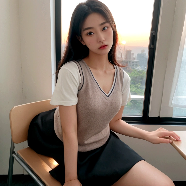 Highest quality、perfection、Beautiful woman、young、16 years old、Bob Hair、Grey vest、White short sleeve shirt、Black Skirt、summer、blush、Biting your lip、Angry face、Angry Mouth、Angry Eyes、Put your finger over your mouth、classroom、Sit on a chair、Sunset、窓からSunsetが見える、Beautiful scenery、Famous actress、model、Japanese、Sexy posing