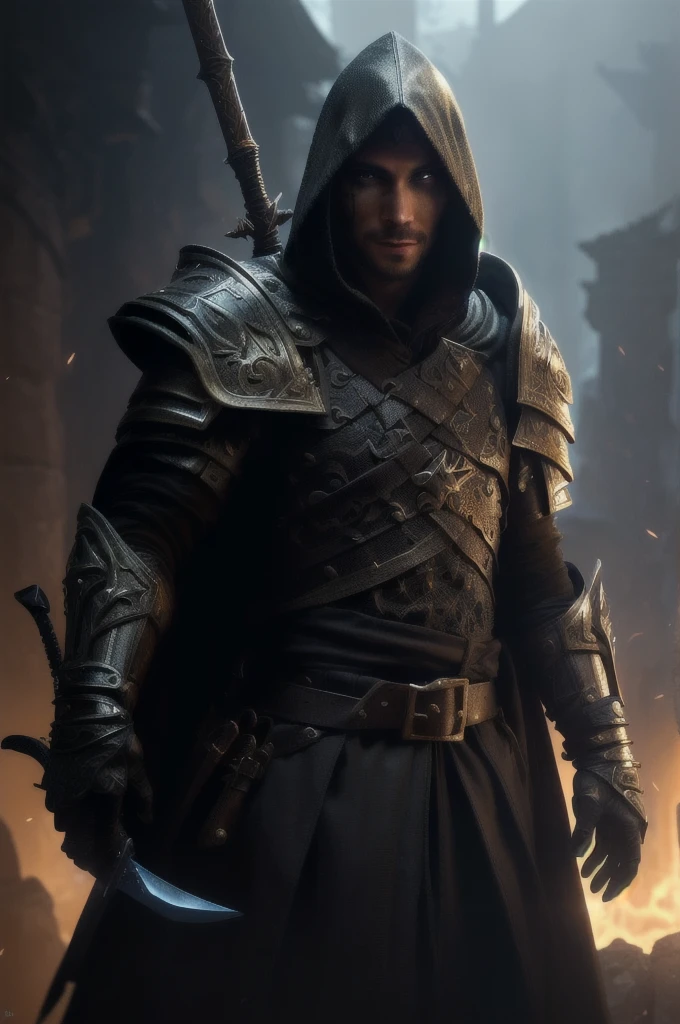 a close up of a person in a hooded jacket with a sword, amazing 8k character concept art, light armor, from vermintide 2 video game, paladin, flowing robes and leather armor, clothed in stealth armor, guillem h. pongiluppi, golden and black armor, d&d trending on artstation, light coming off of the armor