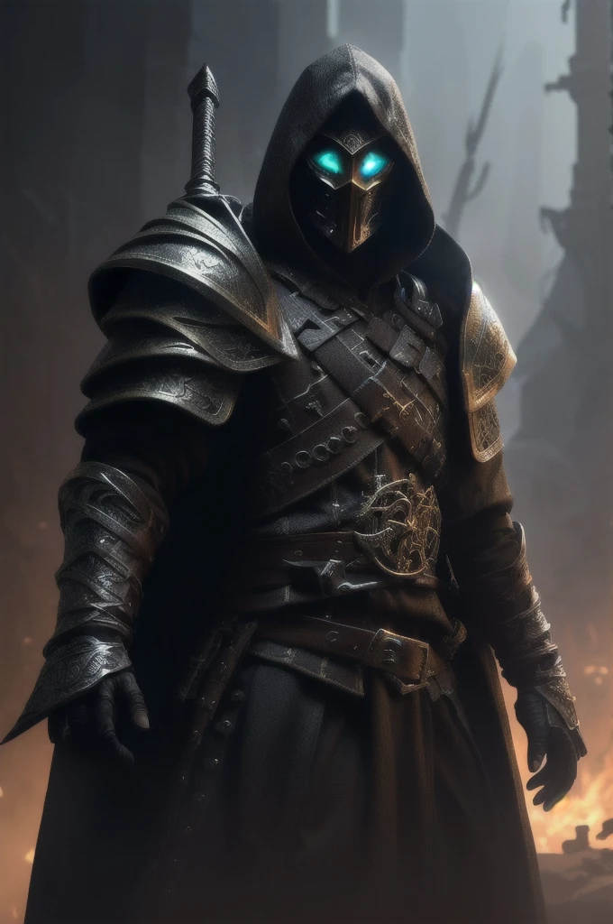 a close up of a person in a hooded jacket with a sword, amazing 8k character concept art, light armor, from vermintide 2 video game, paladin, flowing robes and leather armor, clothed in stealth armor, guillem h. pongiluppi, golden and black armor, d&d trending on artstation, light coming off of the armor