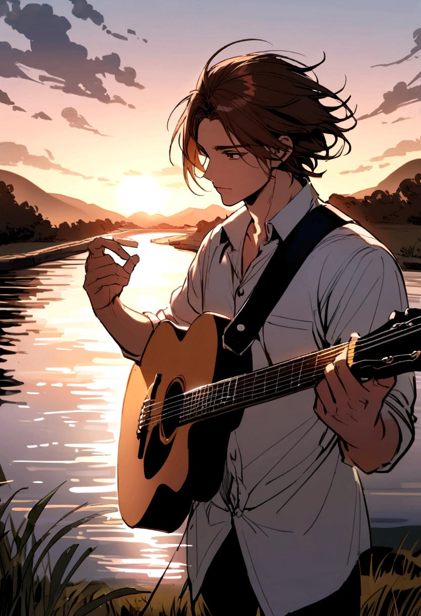 handsome man, with long brown hair playing guitar in front of a river.