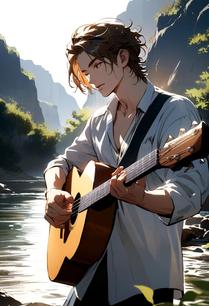 handsome man, with long brown hair playing guitar in front of a river.