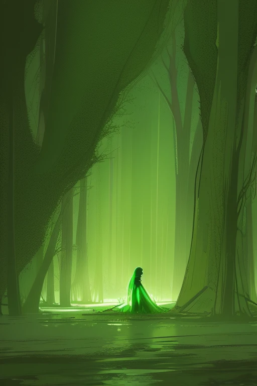 neon green mushroom secreting green liquid discs emerging from a zombie corpse in a swamp facing the viewer