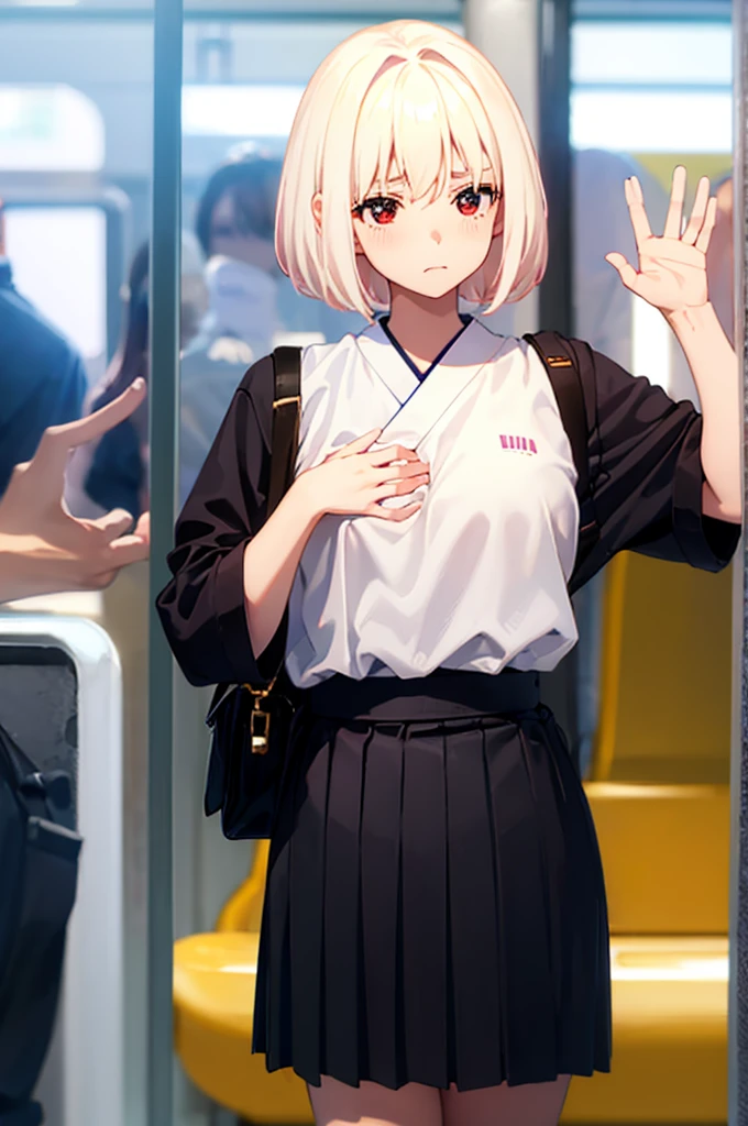 1 boy, pov hands, grab breasts、Embarrassed expression、、1 boy, pov hands, grab breasts、Small breasts、Hide with your hands、hand good、、Hide、Black Skirt、Blushing、、Embarrassed expression、Japanese、Black Skirt、Not wearing a bra、Light cream colored hair 、short hair、Red eyes、Blushing、lipstick、Perfect hands、Detailed hands、on the train、、hand good、toilet