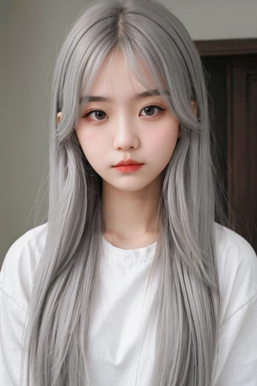 young girl with long light grey hair, grey eyes and has an apathetic expression