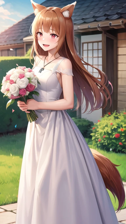 masterpiece, best quality, highres, 1girl, long hair, brown hair, animal ears, red eyes, wolf tail, necklace, wedding dress, white dress,  garden, standing, holding bouquet, smile, tears, confetti,