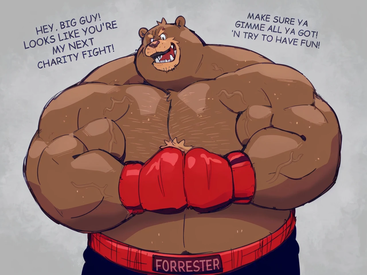 a huge muscular kodiak brown bear, extremely detailed brown fur, powerful pecs, beer belly, veins popping,red boxing gloves, black boxing pants with red line, flexing for boxing victory, masterpiece, 8k, ultra-detailed,realistic,photo-realistic,physically-based rendering,vivid colors
