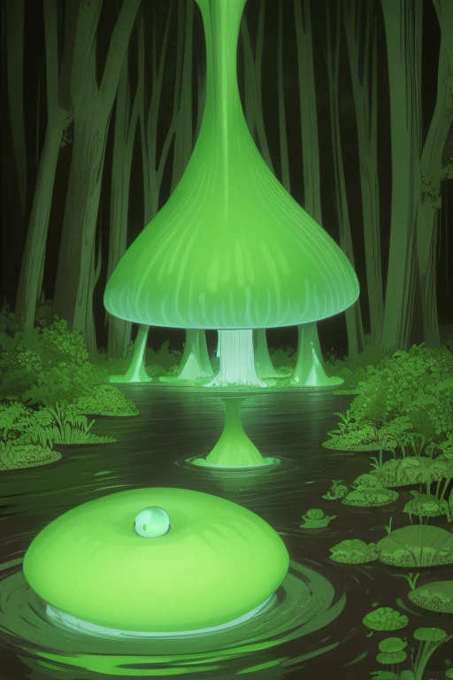 neon green mushroom secreting green liquid discs emerging from a zombie corpse in a swamp facing the viewer