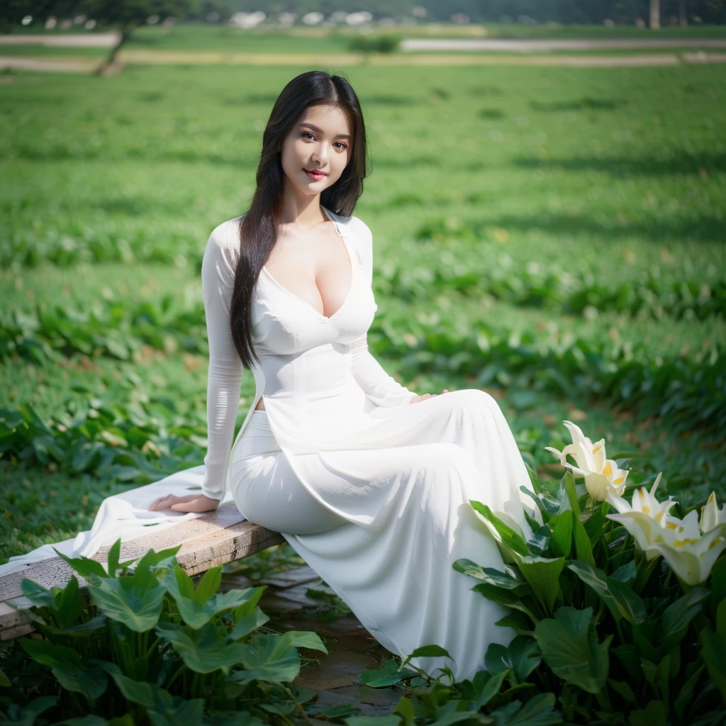big breasts, round breasts, wearing bra inside ao dai, slim figure, beautiful figure, big breasts, ponytail, sharp 8k quality photo, ((beautiful, sharp, balanced face details) for )), ((beautiful breasts, exposed cleavage, plump body), ((beautiful sparkling eyes, sharp eye details, beautiful face)), sitting in the middle of rice fields, ((super beautiful body with high details , tight body, wide chest, slim waist)), ((thin cleavage, round breasts))