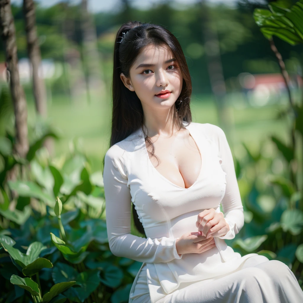 big breasts, round breasts, wearing bra inside ao dai, slim figure, beautiful figure, big breasts, ponytail, sharp 8k quality photo, ((beautiful, sharp, balanced face details) for )), ((beautiful breasts, exposed cleavage, plump body), ((beautiful sparkling eyes, sharp eye details, beautiful face)), sitting in the middle of rice fields, ((super beautiful body with high details , tight body, wide chest, slim waist)), ((thin cleavage, round breasts))