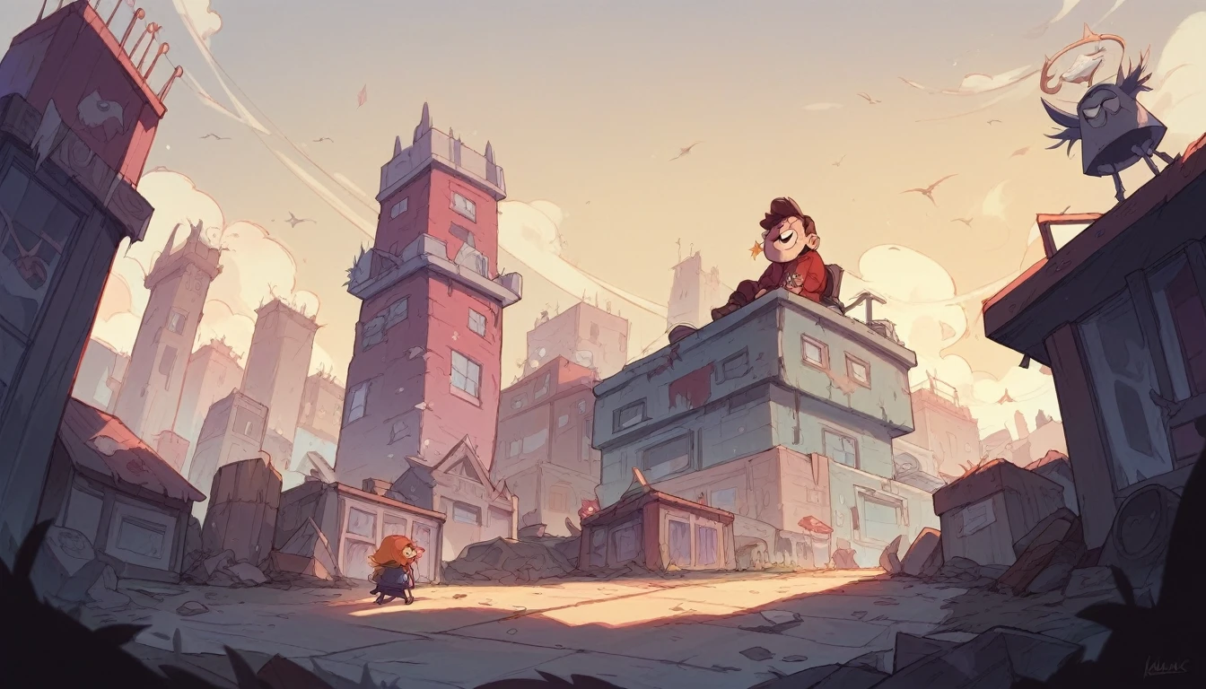 Make the background a city in the style of the Gravity Falls and Star vs the Forces of Evil series with an aerial view