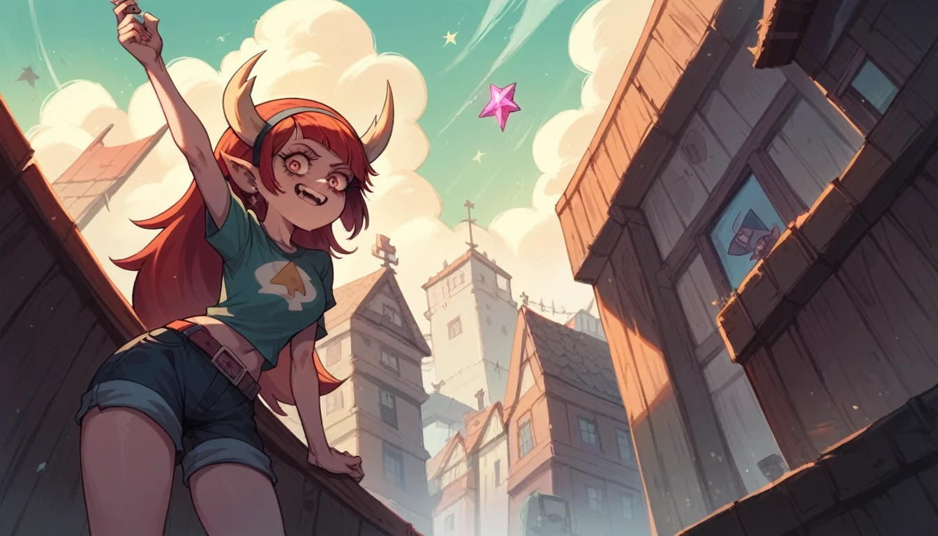 Make the background a city in the style of the Gravity Falls and Star vs the Forces of Evil series with an aerial view