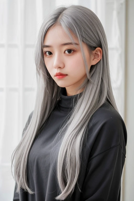 young girl with long light grey hair, grey eyes and has an apathetic expression