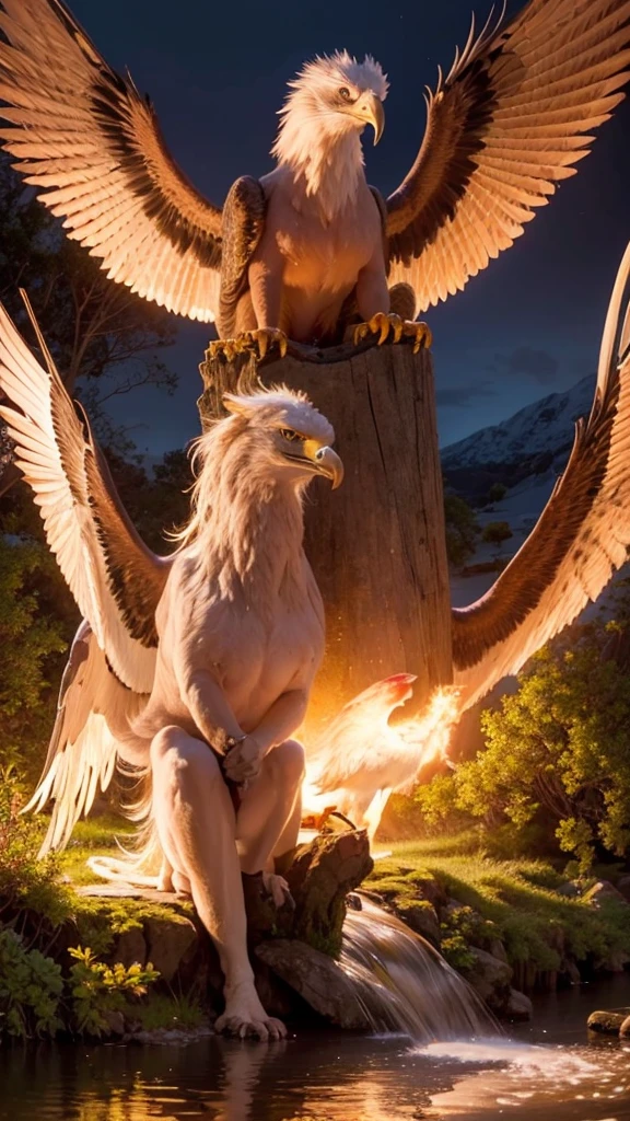 Create a majestic mythical creature: a Fire Eagle soaring through a twilight sky. Its wings blaze with vibrant flames, casting a warm, golden glow. The eagle's eyes are fierce and glowing, reflecting the intensity of its fiery essence. Below, a mystical landscape of ancient forests and sparkling rivers adds to the magical ambiance. Capture the power, grace, and mystique of this legendary fire-bird.